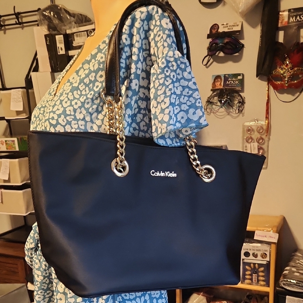 Calvin Klein Blue Tote Bag with Gold Hardware